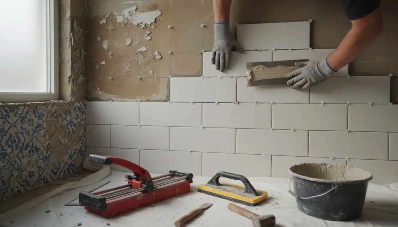 Badeværelse under renovering: en væg hvor mønstrede klinker er fjernet og nye fliser sættes op.