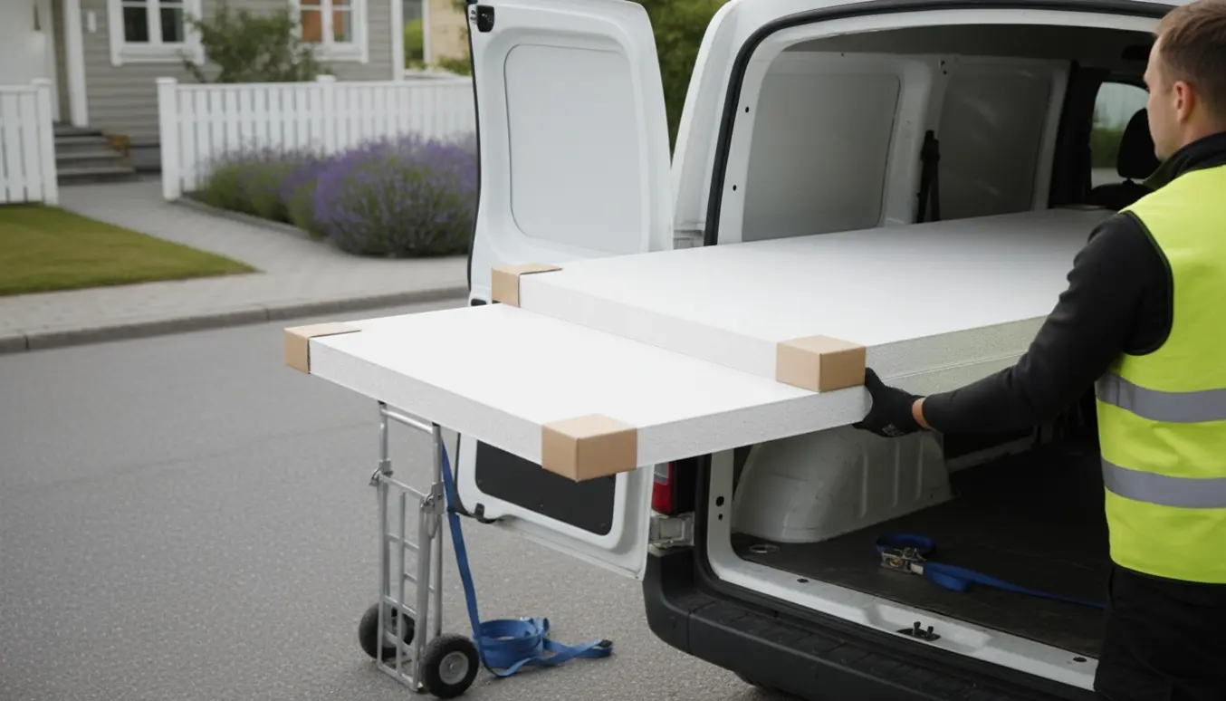 To gipsplader læsses ind i bagagerummet på en varebil foran et parcelhus, uden synlige ansigter.