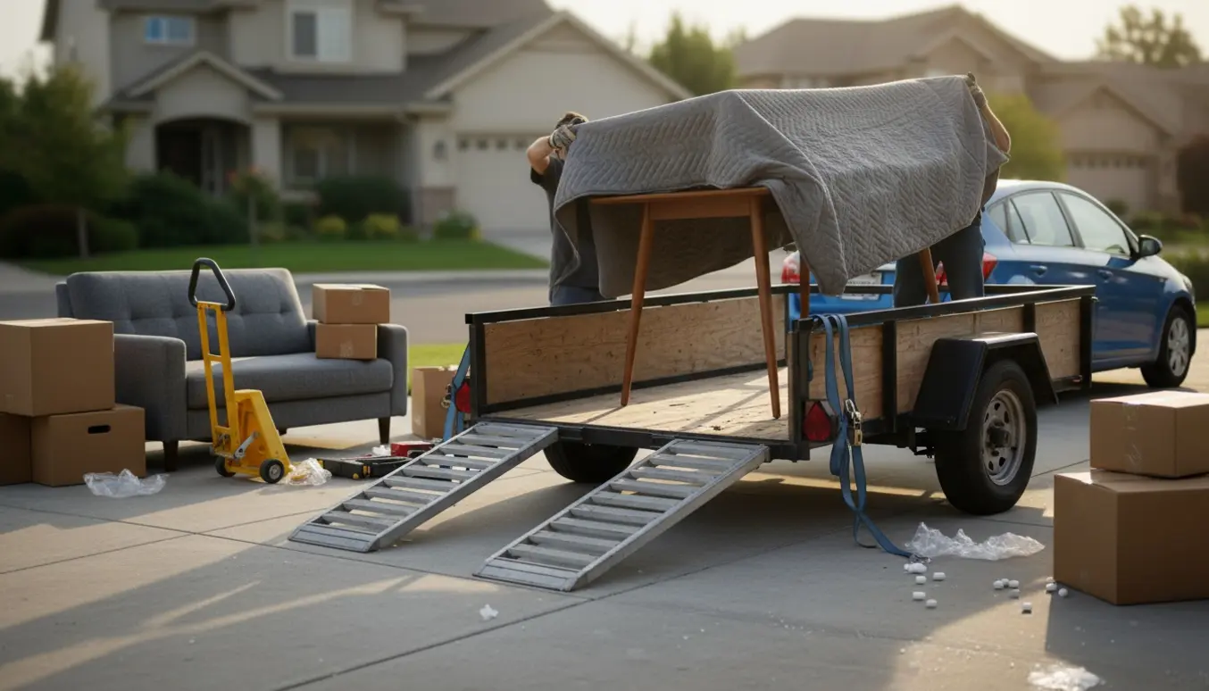 To personer læsser møbler og flyttekasser på en trailer tilknyttet en bil i en indkørsel.