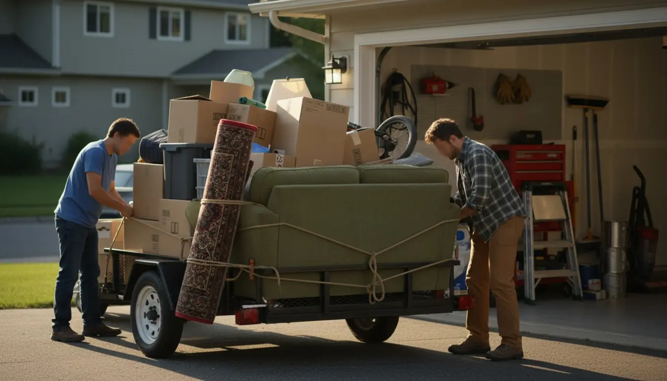 Bil med trailer fyldt med møbler og to hjælpere ved en indkørsel, værktøj og rengøringsudstyr i en åben garage.