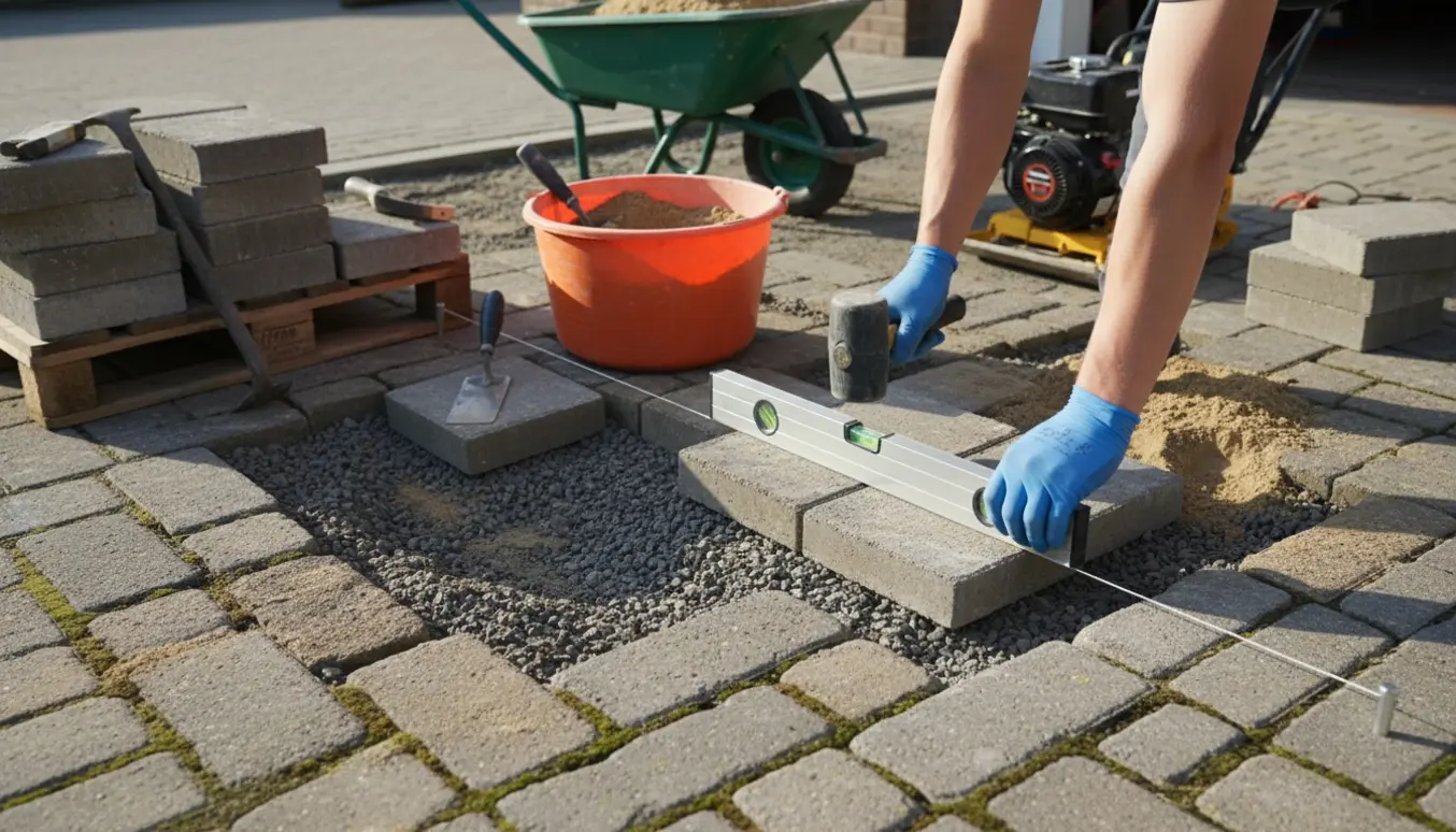 Nærbillede af omlægning af indkørsel med løftede fliser, værktøj og sand i naturligt dagslys.