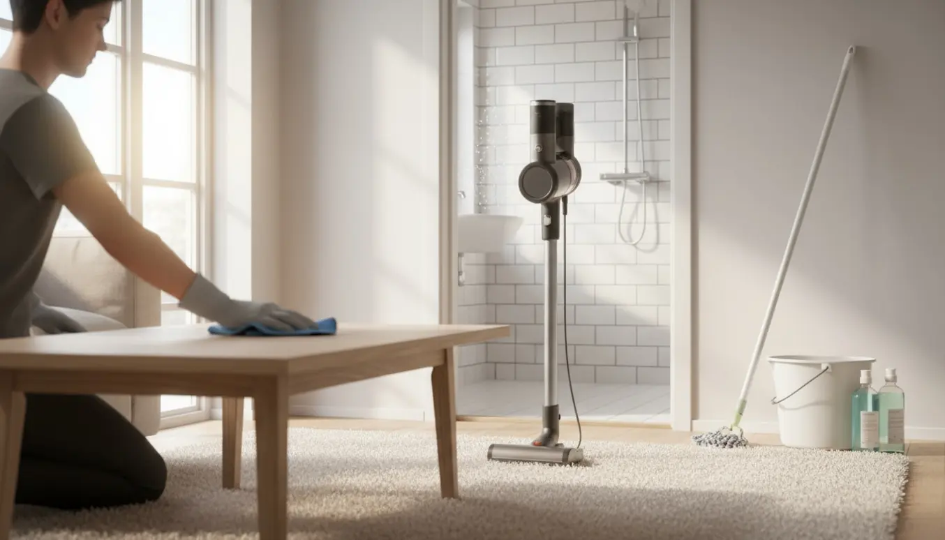 Person gør rent i en lys stue med støvsuger, klud og et skinnende rent badeværelse i baggrunden.