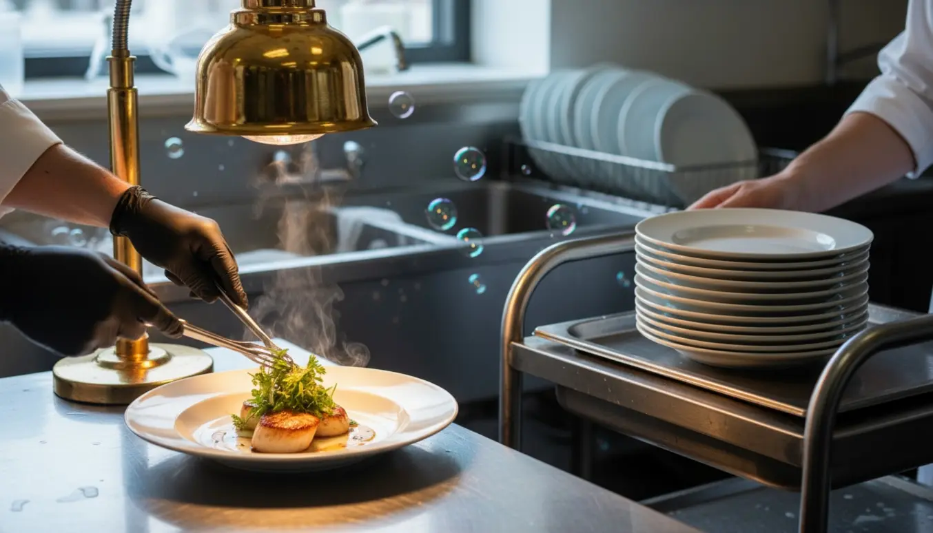 Hænder anretter dampende varm mad under varmelampe ved en serveringsstation med opvask og rene tallerkener i et professionelt køkken.