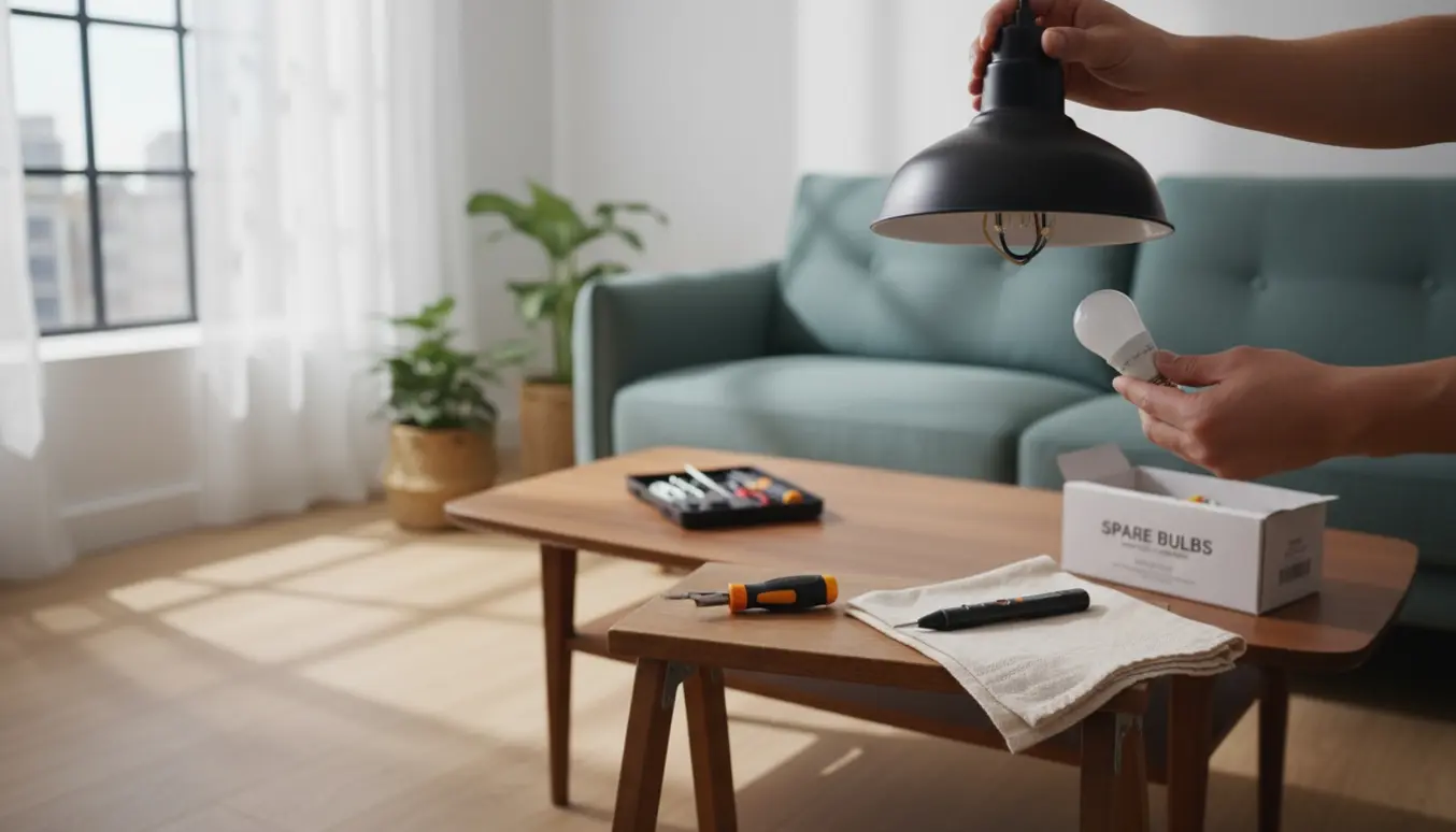Nærbillede af hænder på en stige, der inspicerer en loftslampe med en fjernet pære og værktøj i nærheden.