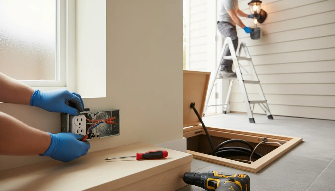 Nære hænder installerer nye stikkontakter i et bryggers med åben krybekælder og monterede udendørsstikkontakter og lamper.