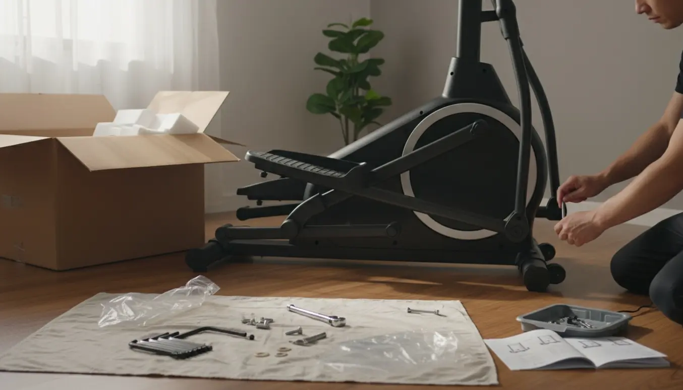 Delvis samlet crosstrainer i en lys stue med værktøj og dele spredt på trægulvet.