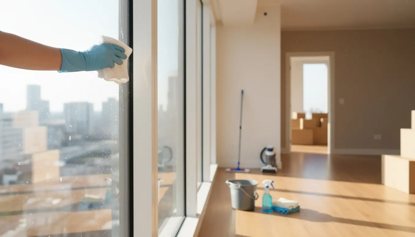 En hånd pudser en stor rude i en nyistandsat, tom lejlighed med rengøringsudstyr i baggrunden.
