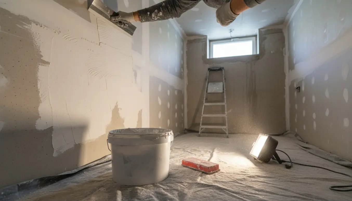Spartling af vægge og loft i et kælderrum med værktøj og afdækning.