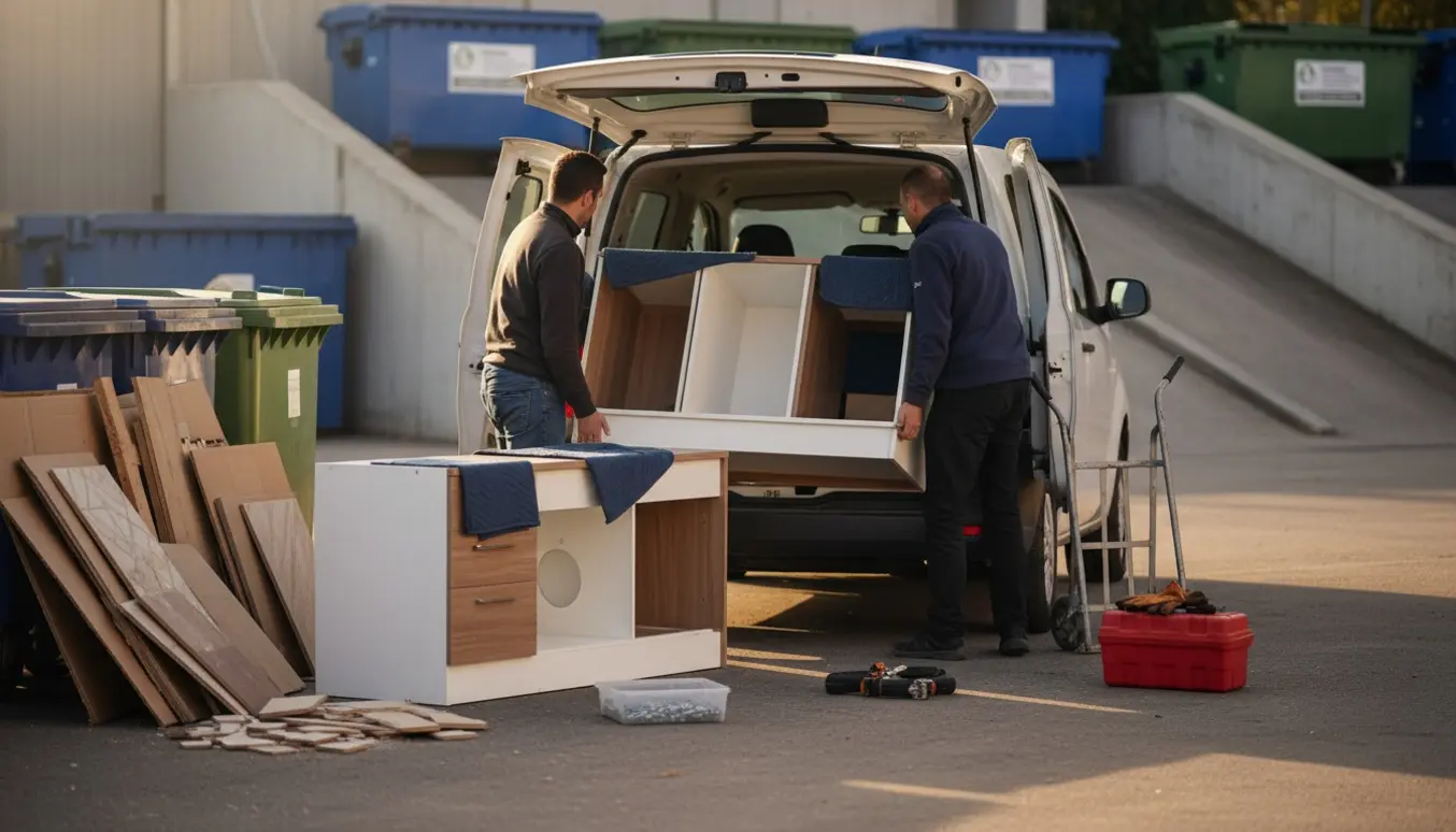 Åben varevogn ved en genbrugsstation, hvor to personer læsser afmonterede køkkenelementer og en bordplade ind i bilen.