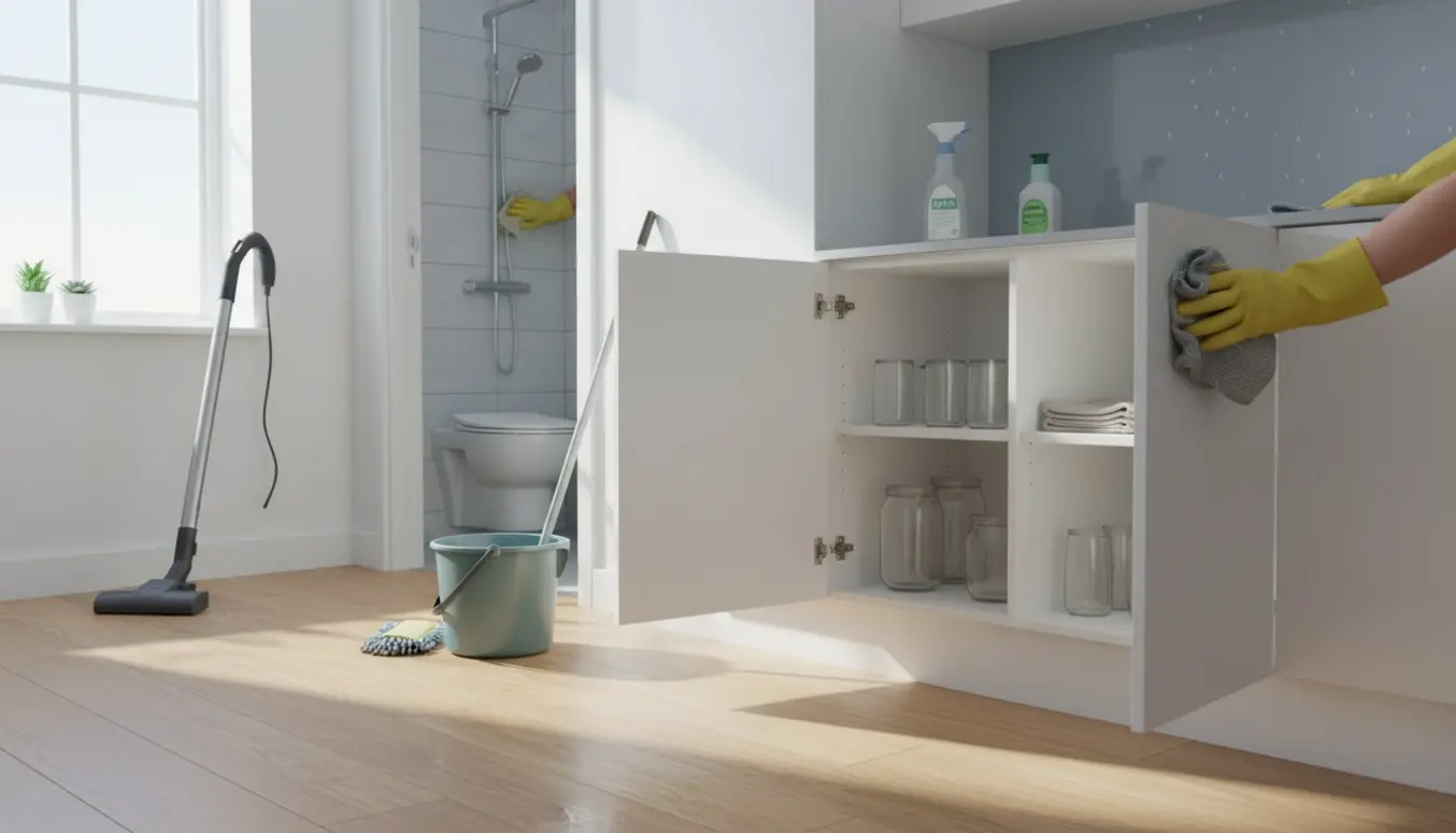 Åbne skabe og rengøringsudstyr mens hænder i gummihandsker pudser vindue, vasker gulv og afkalker brusearmatur.