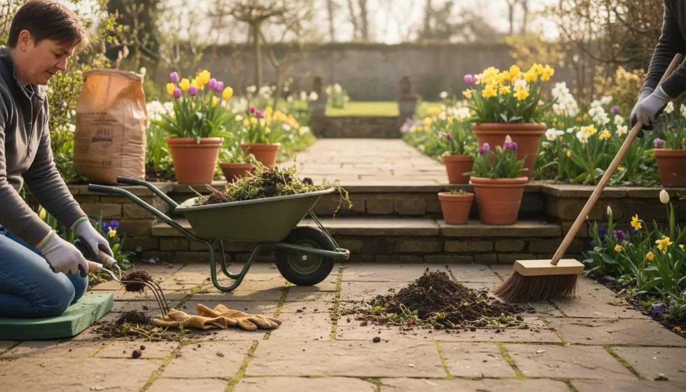 Hænder luger bede og fejer en terrasse om foråret med haveredskaber.