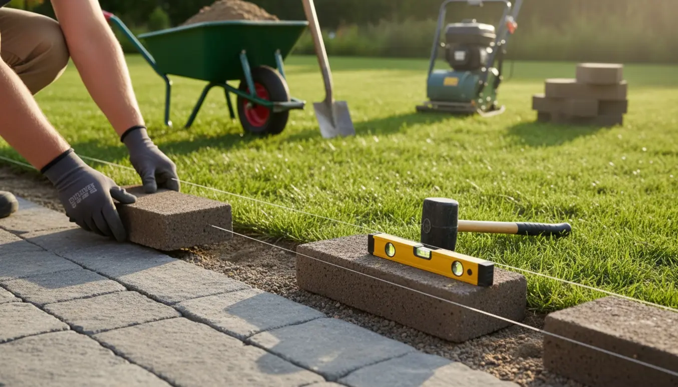 Rektangulære kantsten lægges mellem fliser og græs med værktøj ved siden af.