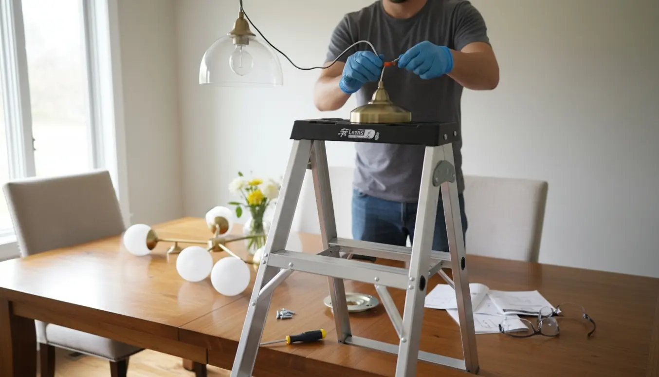 Hænder på en stige monterer en ny loftslampe over et spisebord med værktøj på bordet.