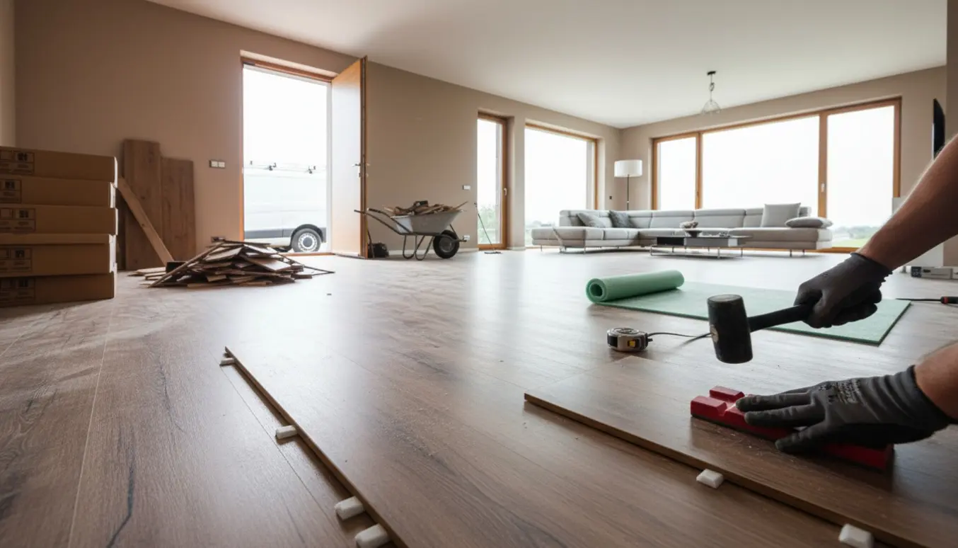 Nyoplagt laminatgulv i stor étplans stue under installation med stabler af gamle brædder klar til bortskaffelse.