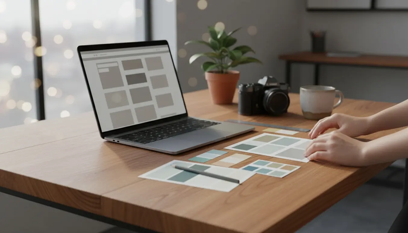 Nærbillede af et ryddeligt skrivebord med bærbar, skitser og farveprøver i naturligt dagslys.