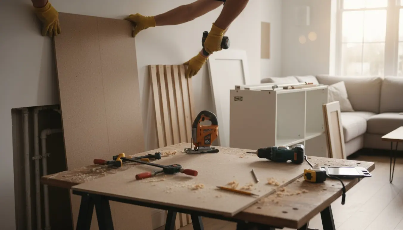 Hænder monterer en rørkasse, en radiatorskjuler og forbereder en IKEA-hack skabsløsning i et lyst rum.