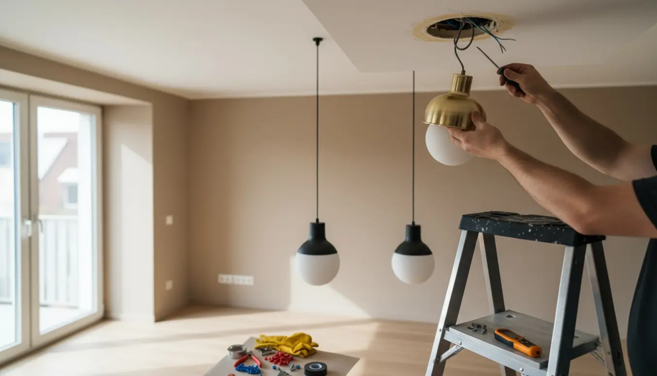Hænger tre loftslamper op i lejlighed med trappestige, værktøj og ældre el-udtag synlige.