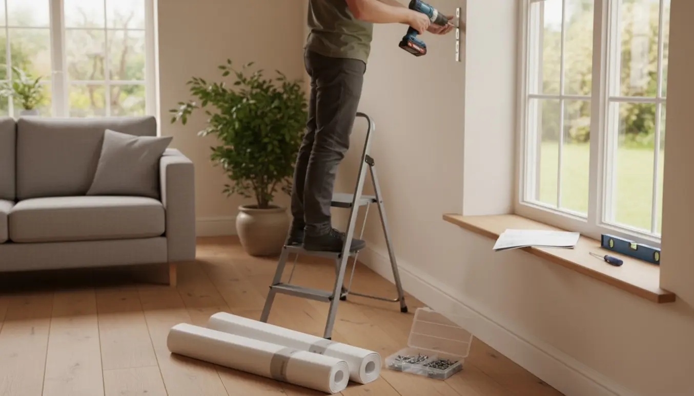 Montør på en stige monterer et mørklægningsrullegardin i en privat stue med værktøj og et ekstra rullegardin ved siden af.