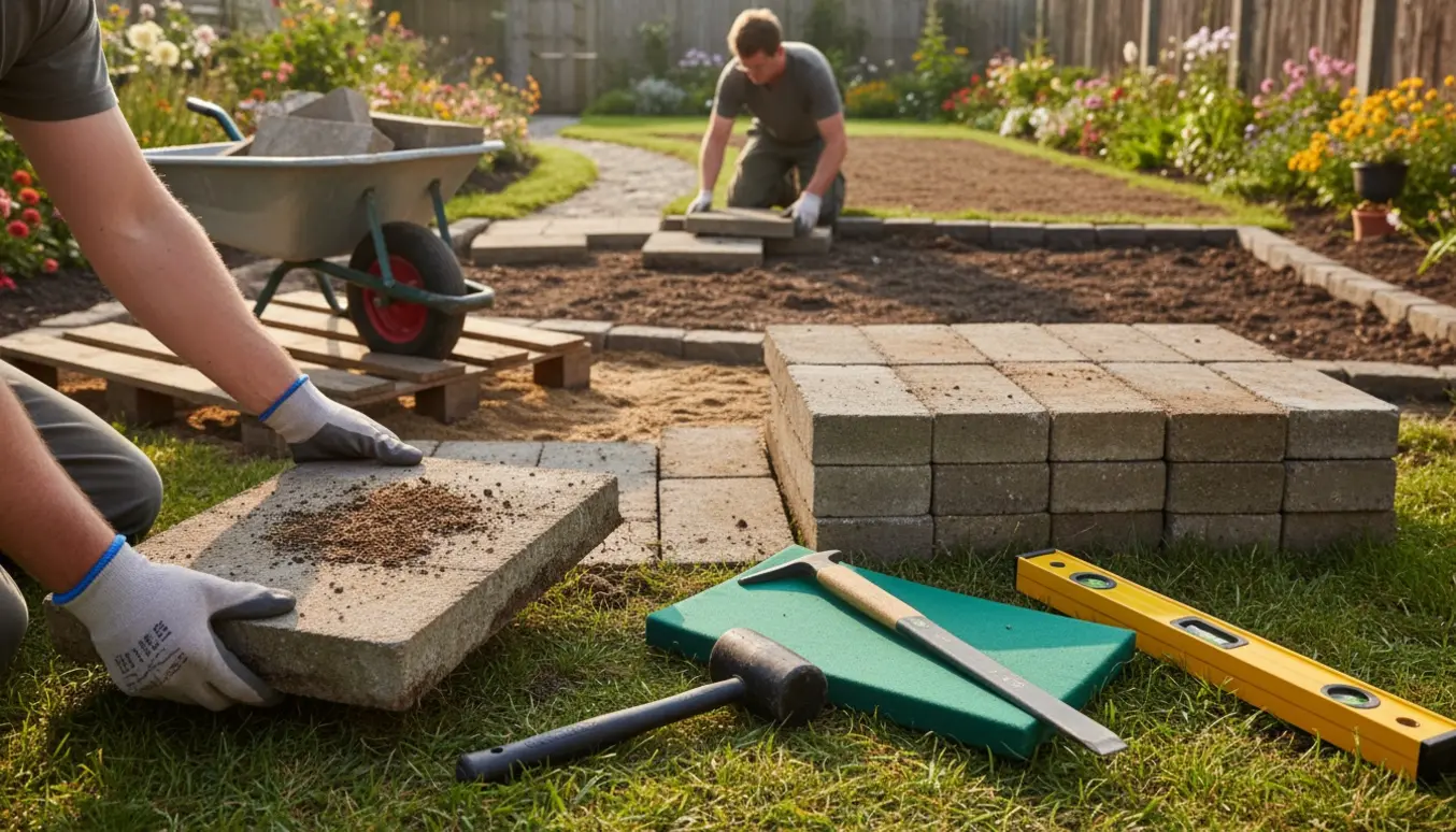 Eksisterende fliser flyttes fra en havegang og lægges som ny terrasse ved et fjernet drivhus.