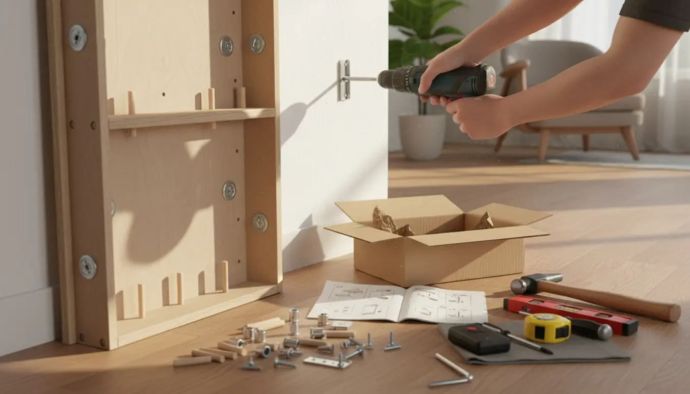 Hænder samler og monterer en fladpakket reol på væggen med boremaskine og værktøj ved siden af.