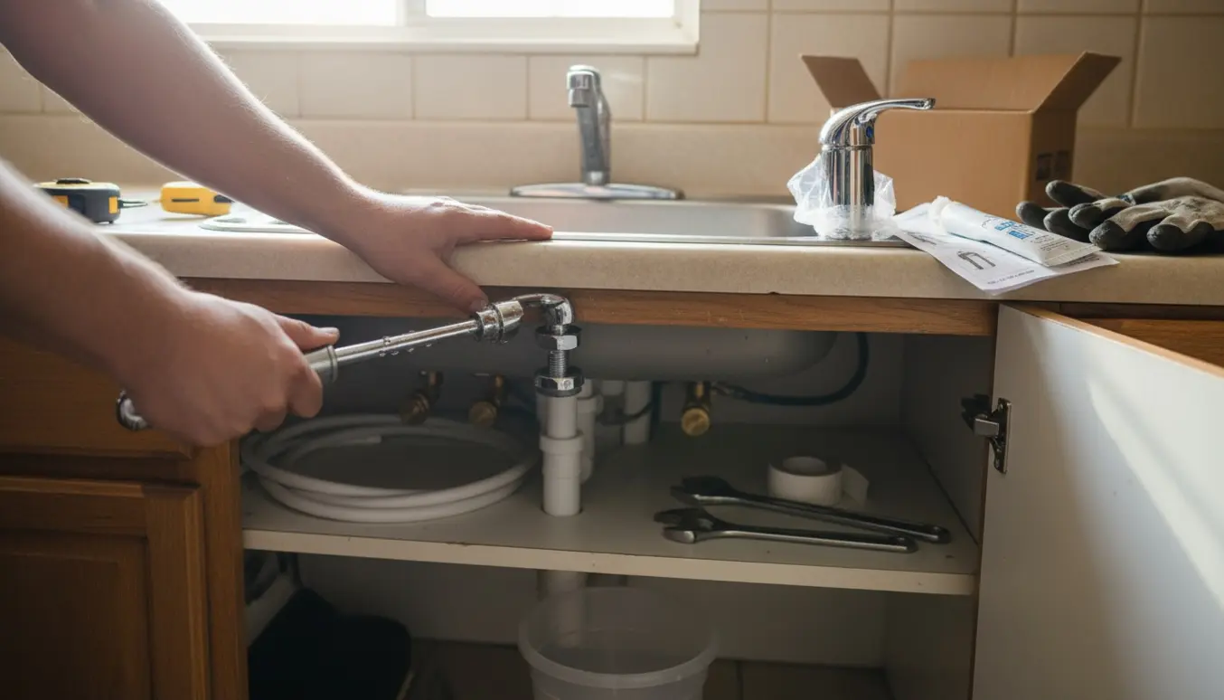 Nærbillede af hænder, der monterer en ny køkkenvandhane med værktøj og åben underskab.