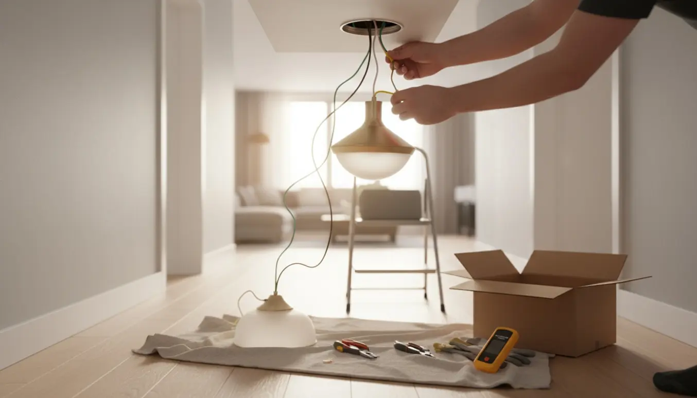 Nærbillede af hænder, der monterer en ny loftlampe over en stige med værktøj og den gamle lampe på gulvet.