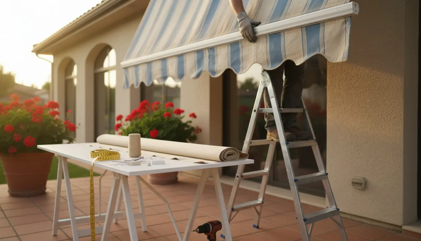 Delvist afmonteret markisedug med handsker på hænder, gammel dug fjernes mens ny rullet dug og skrædderværktøj ligger klar.