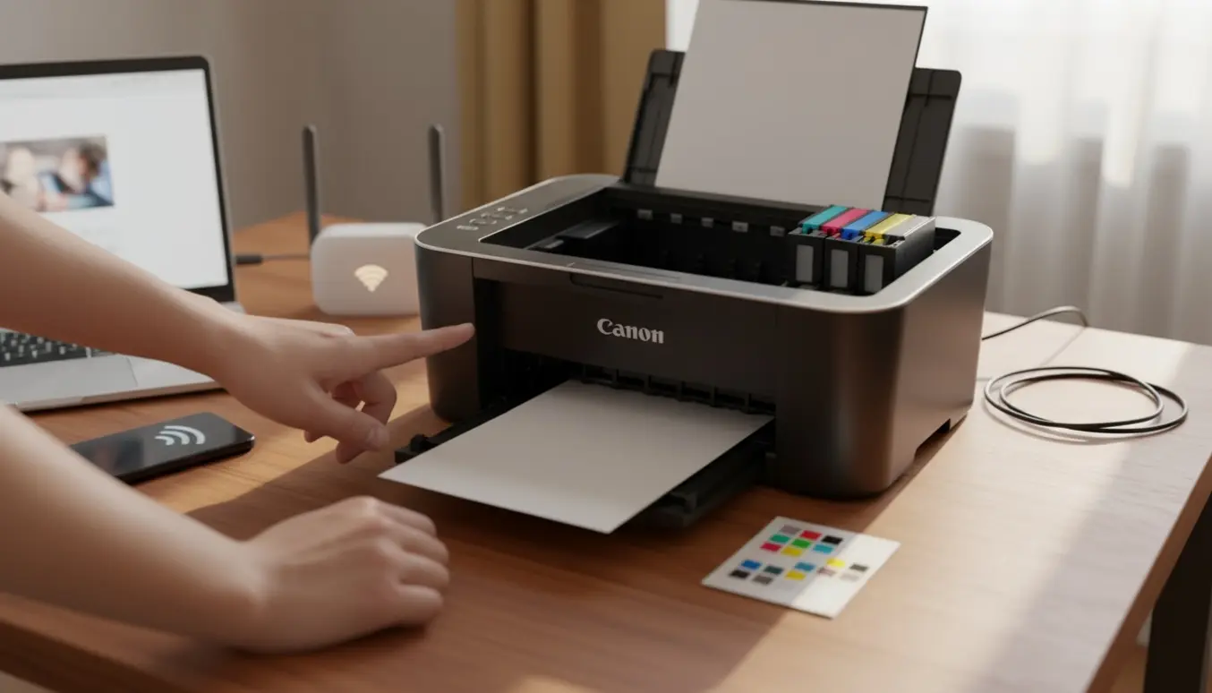 Hjemmeprinter med åben top, synlige blækpatroner og en hånd, der forsøger at starte print, med en sløret bærbar og router i baggrunden.