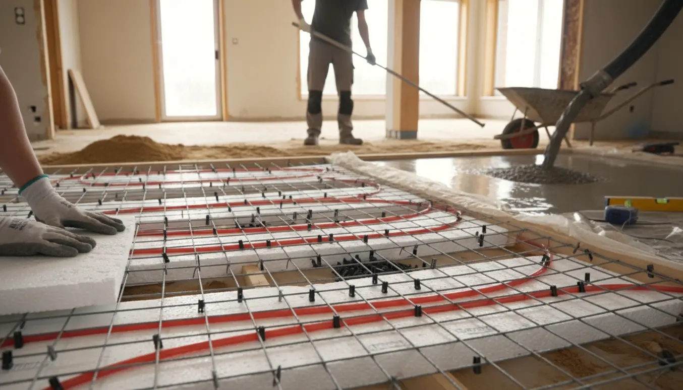 Indvendigt gulv under renovering med afretning, flamingoplader, rionet og gulvvarmeslanger klar til beton.