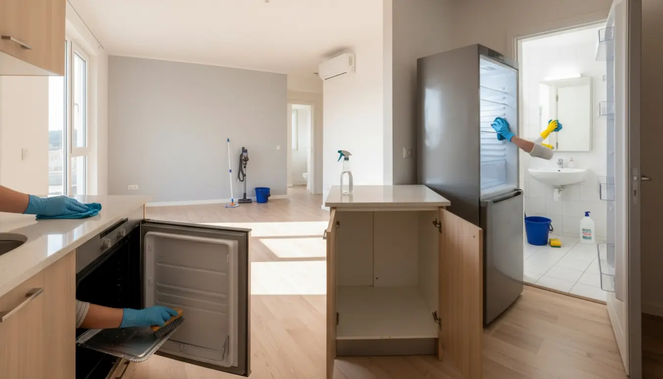 Tom lejlighed under fraflytningsrengøring med handsker, der pudser skabe og åben ovn.