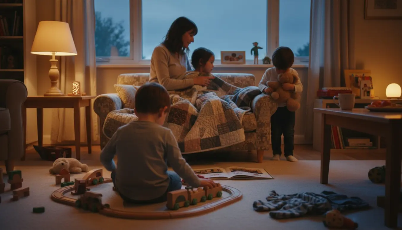 Voksen passer tre børn i en hyggelig stue om aftenen med tæpper og legetøj.