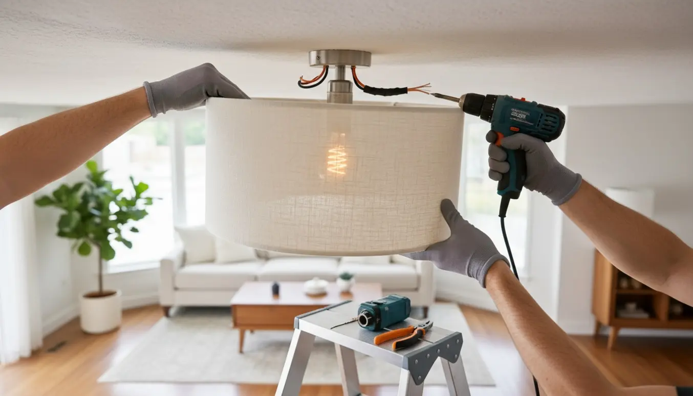 Hænder på en stige monterer en loftlampe i en lys og ryddelig stue.