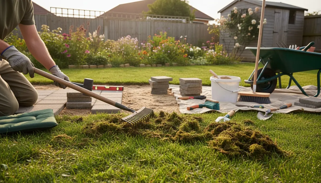Handsker rykker mos op af græsplænen, mens fliser rettes med en gummihammer i en solbeskinnet have.