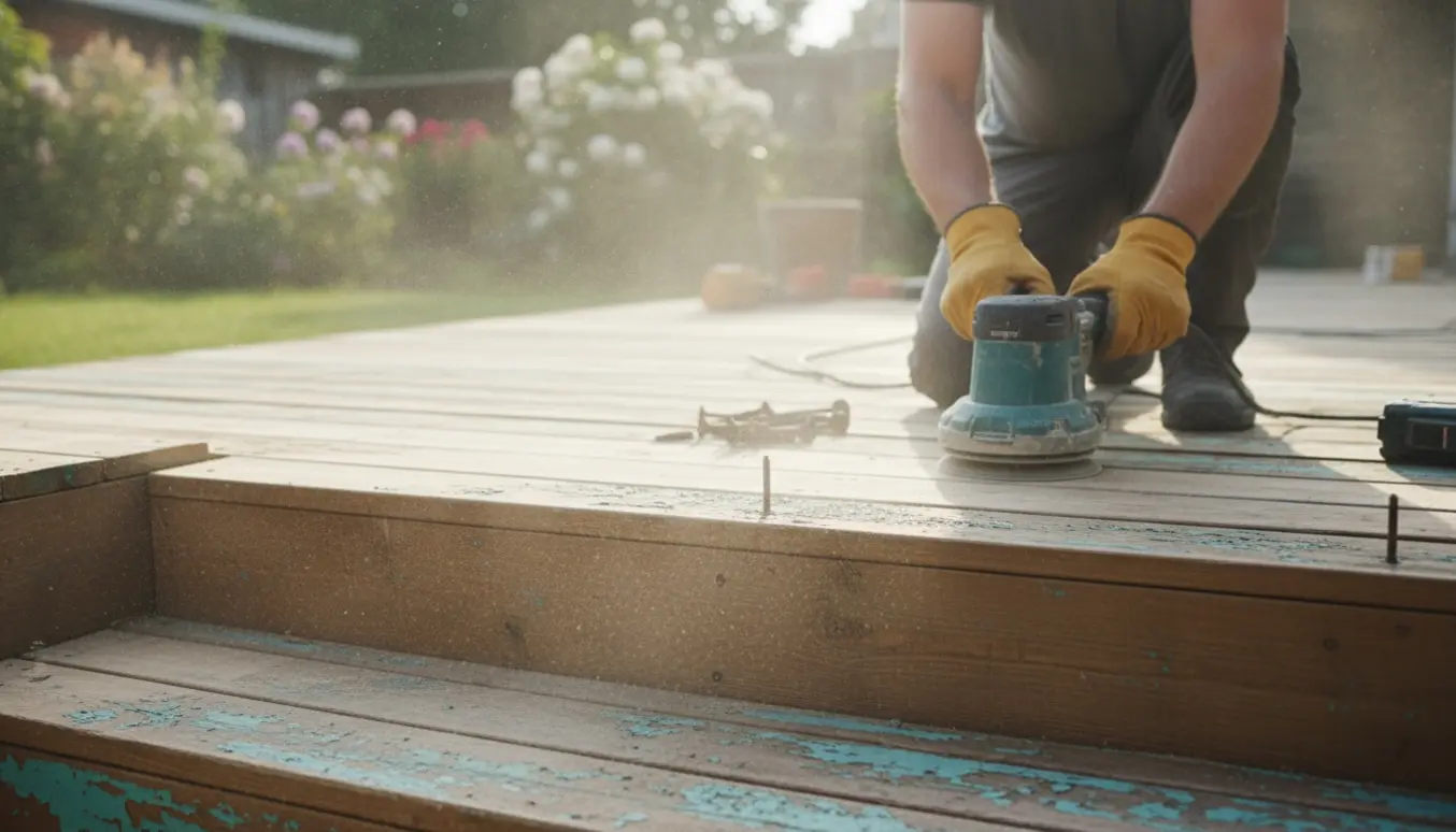 Nærbillede af slibning af en træterrasse hvor gammel maling fjernes og en skrue trykkes ned.