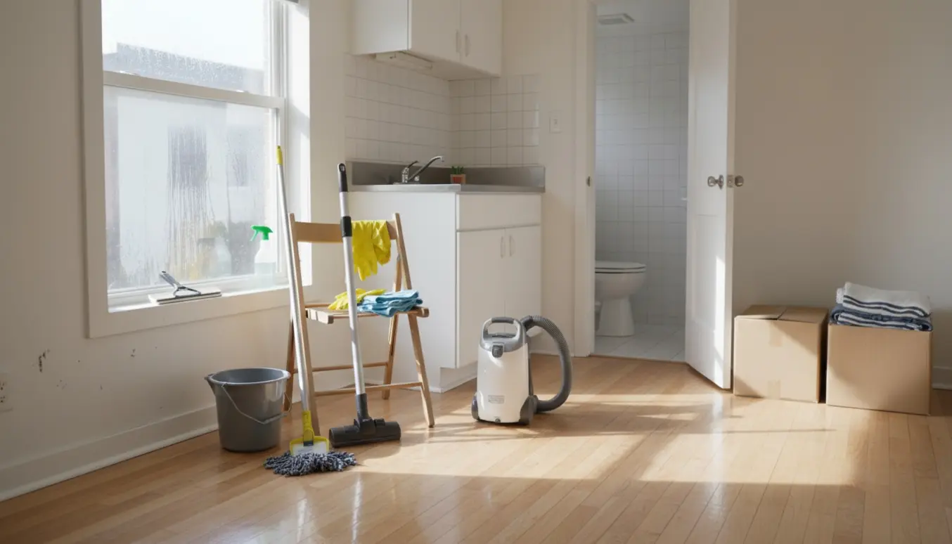 Halvrenset lejlighed under hovedrengøring med moppe, støvsuger og klude ved et vindue.
