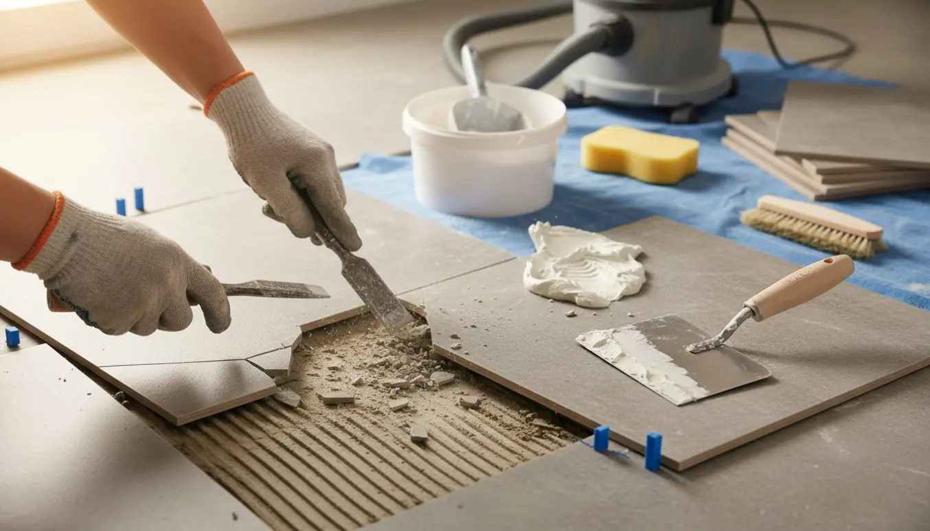 Nærbillede af udskiftning af en 60 x 60 cm gulvflise med værktøj og nyt flise klar til lægning.