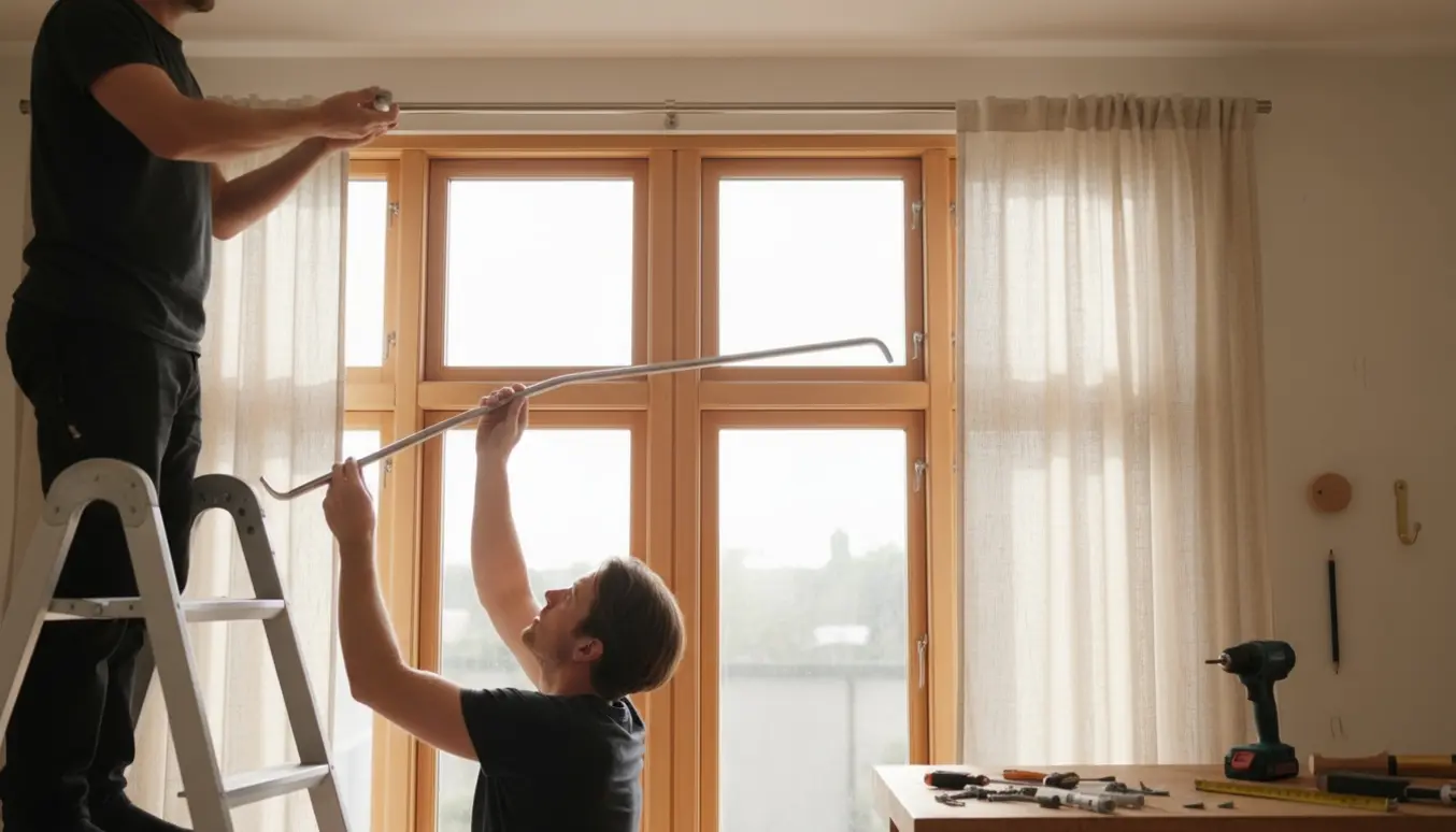 To personers arme monterer gardinstænger og hænger færdigsyede gardiner over meget høje indadgående vinduer med værktøj og en trappestige i forgrunden.