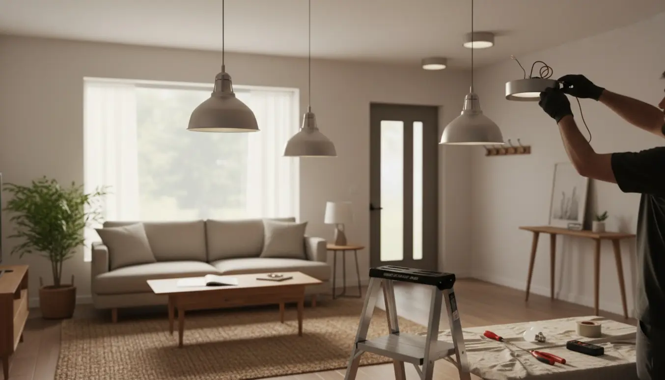 Montage af tre loftlamper i moderne stue og entre med stige og værktøj.