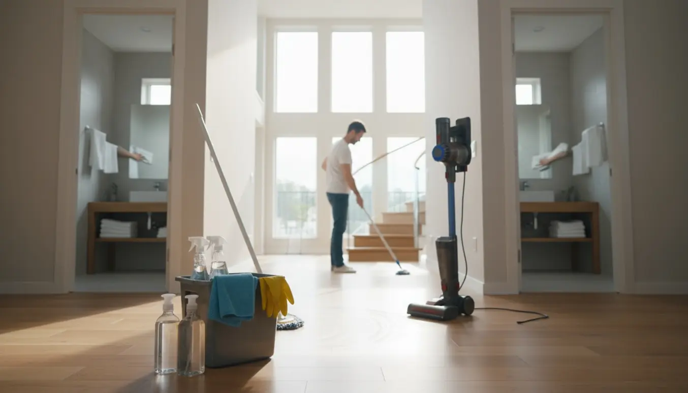 Solbeskinnet rummelig stue med rengøringsudstyr i forgrunden og personer i gang med at gøre rent.