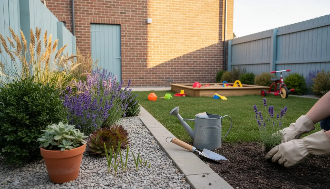 Lille rækkehushave delt mellem et pænt vedligeholdelsesfrit bed og et børnevenligt legeområde med legetøj.