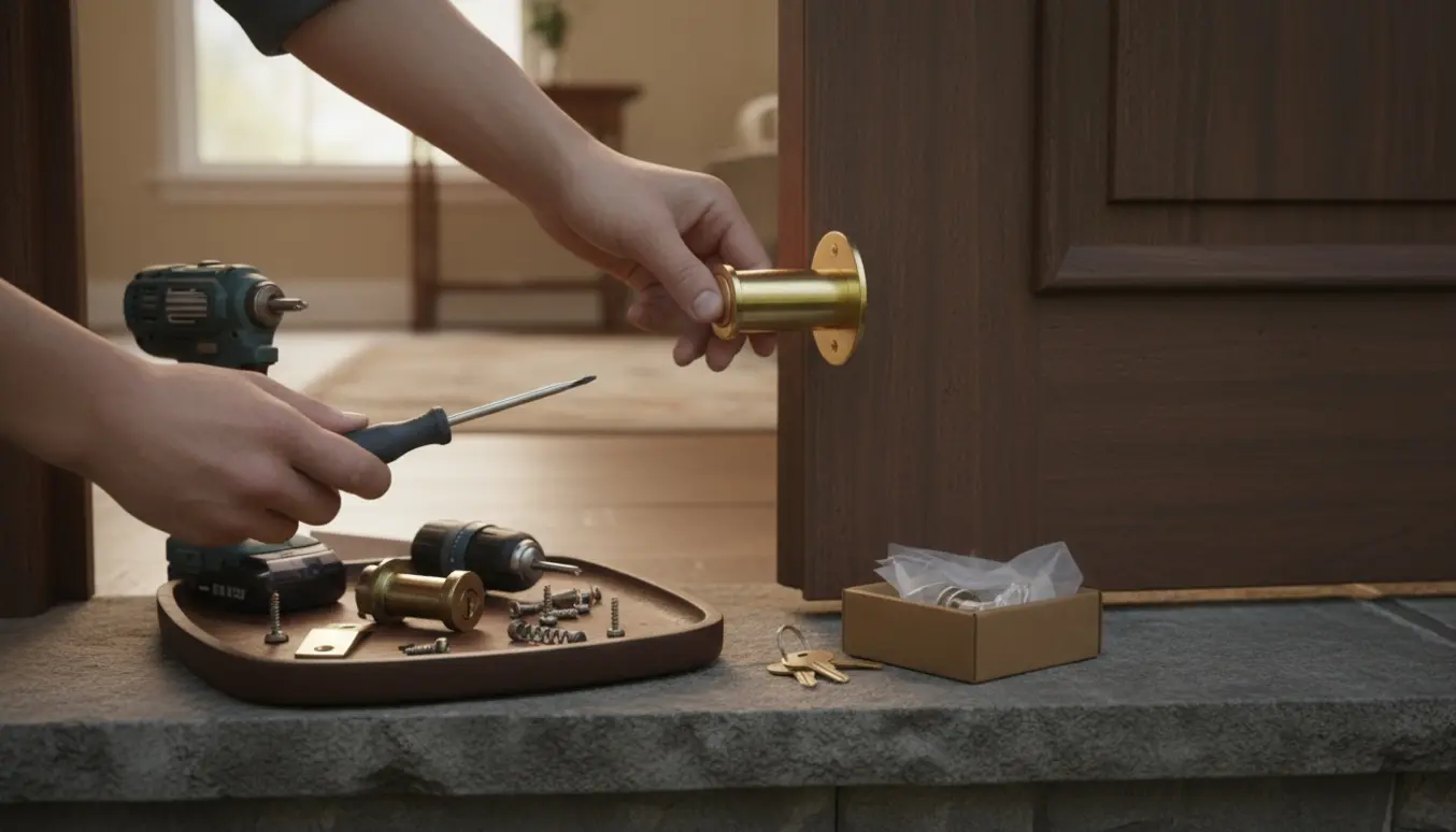 Hænder udskifter en ny låsecylinder i en trædør med værktøj og nye låse dele ved indgangen.