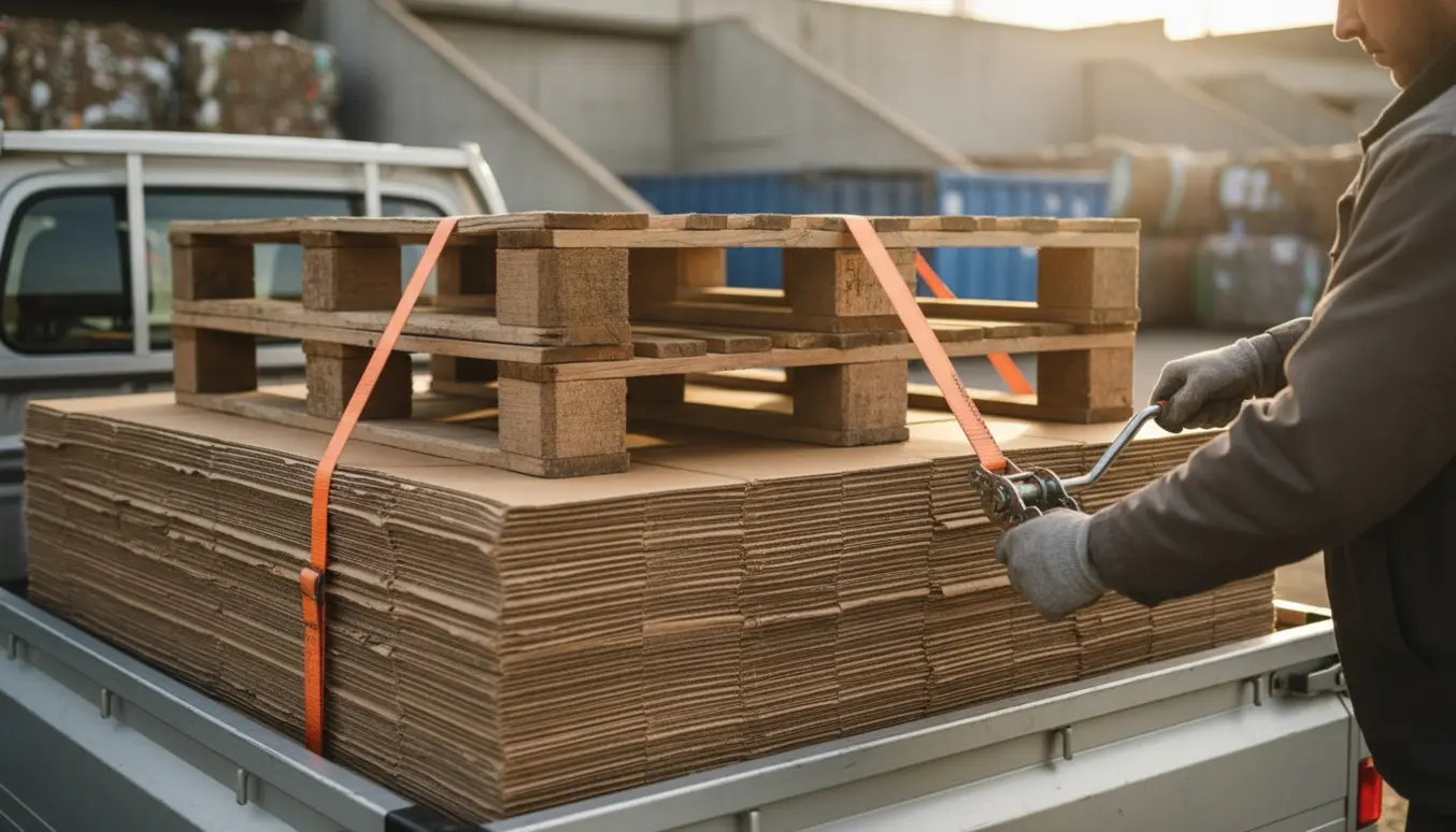 En lastet pickup med sammenpressede papkasser og træpaller ved en genbrugsplads, en person spænder en strop.