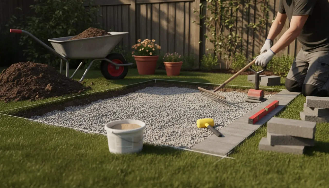 En lille terrasse på cirka fire kvadratmeter i gang med udgravning, grus og lægning af nye fliser.