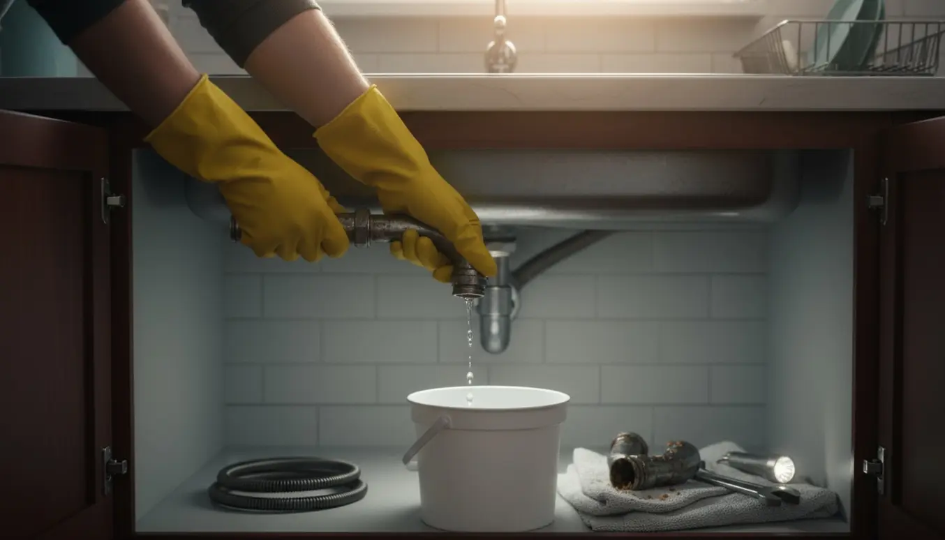 Nærbillede af handsker der løsner en tilstoppet P‑fælde under køkkenvasken med vand dryppende i en spand.