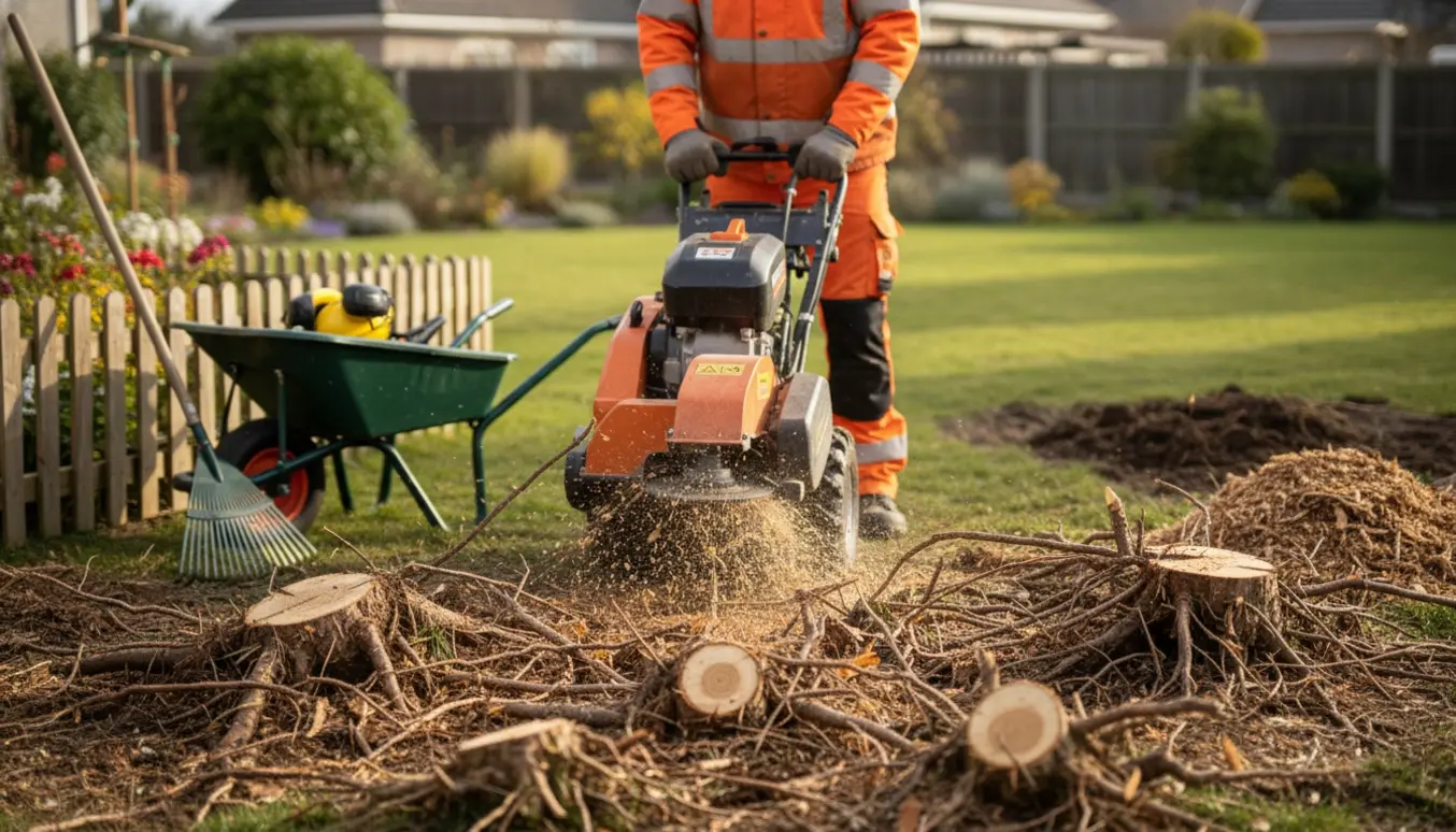 Kompakt rodfræser fjerner rødder og små stubbe i en have med træflis og redskaber omkring.