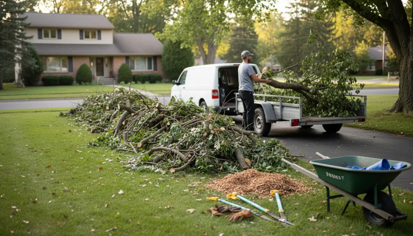 Bunke beskårne grene ved indkørsel, en person læsser dem i en trailer ved forhaven.