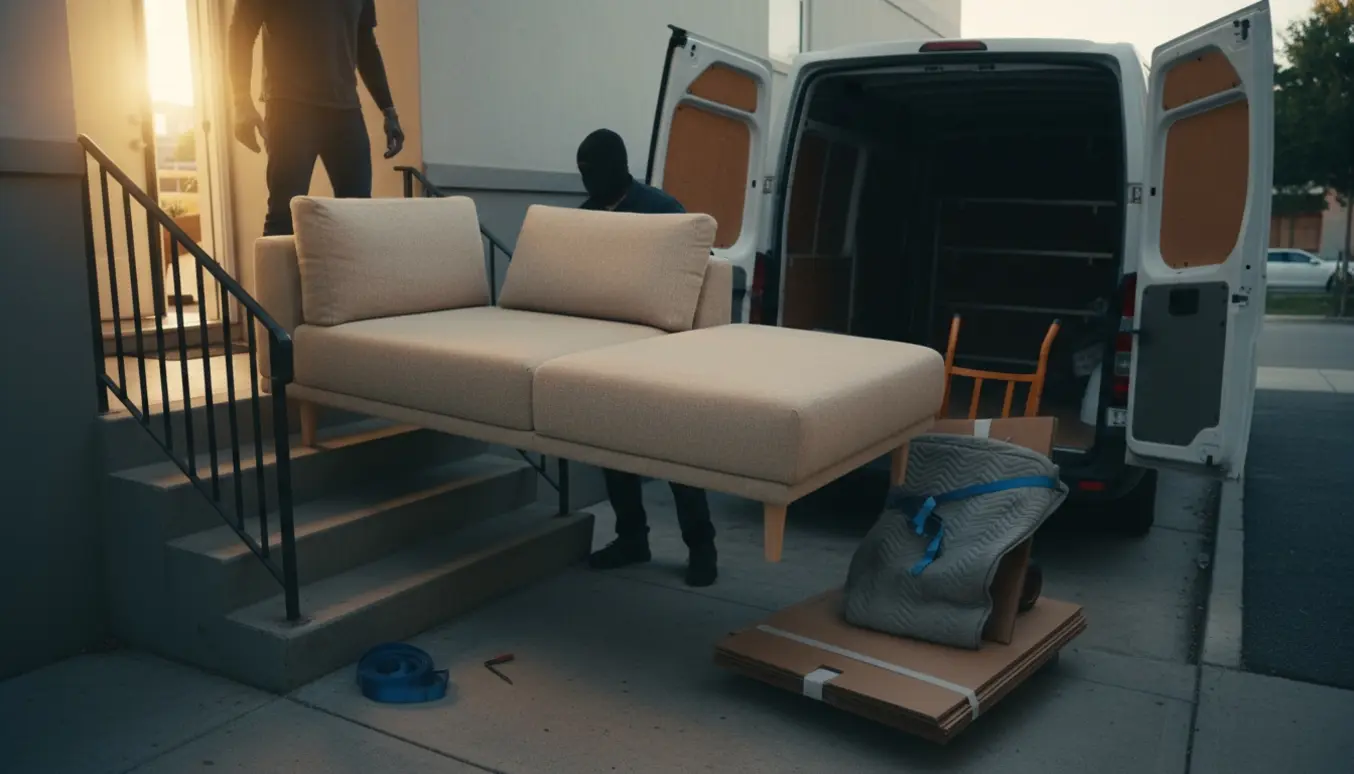 To personer bærer en beige chaiselong ned ad en trappe og ind i en åben varevogn, mens afmonterede ben og flytteudstyr ligger klar.