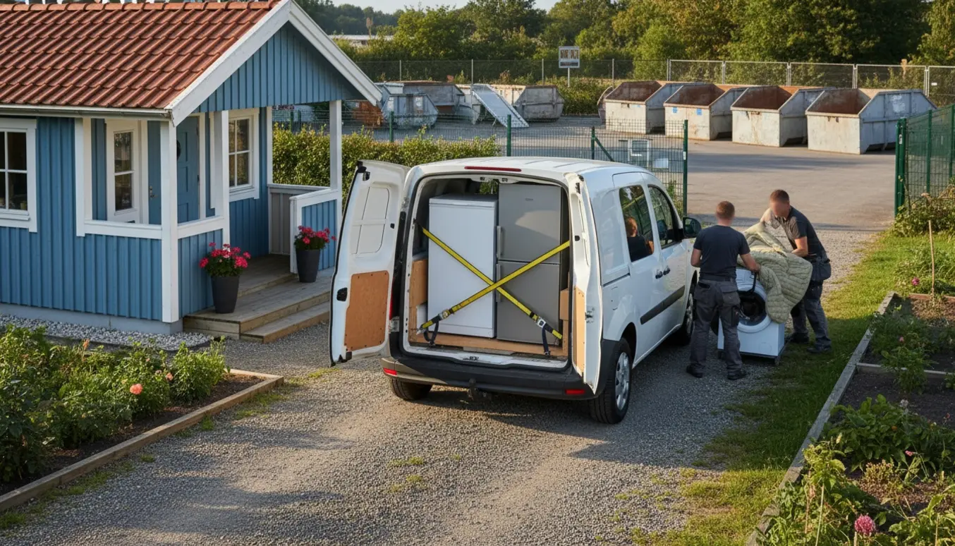 En varevogn læsses med en sofa, fryser, køleskab og vaskemaskine foran et kolonihavehus med genbrugsstation i baggrunden.