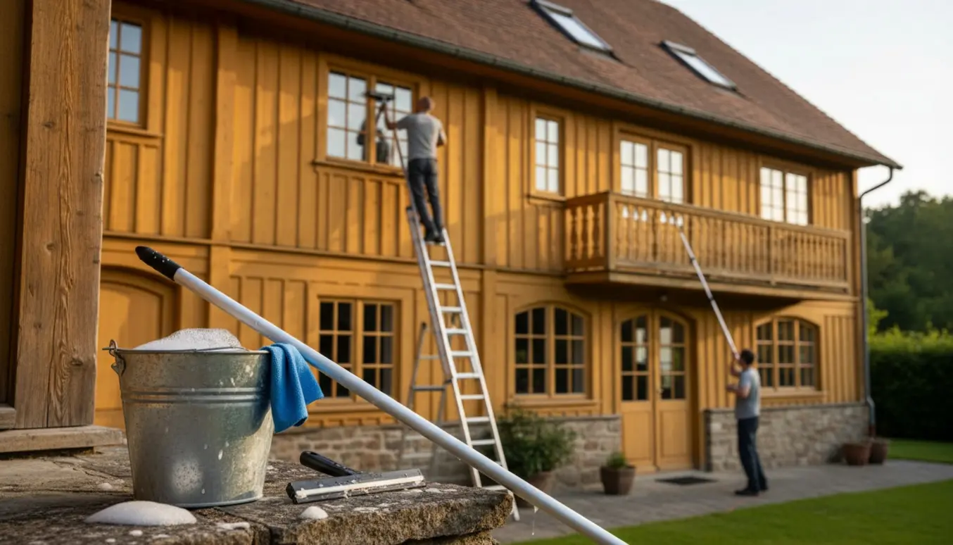 Udendørs vinduespudsning af bondevinduer og døre på en trævilla med stige, teleskopstang og spand.