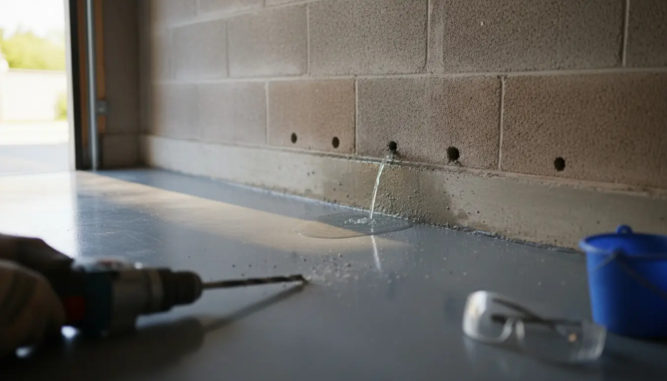 Nærbillede af borede drænhuller i garagevæg ved epoxygulv med borehammer og vandpyt.